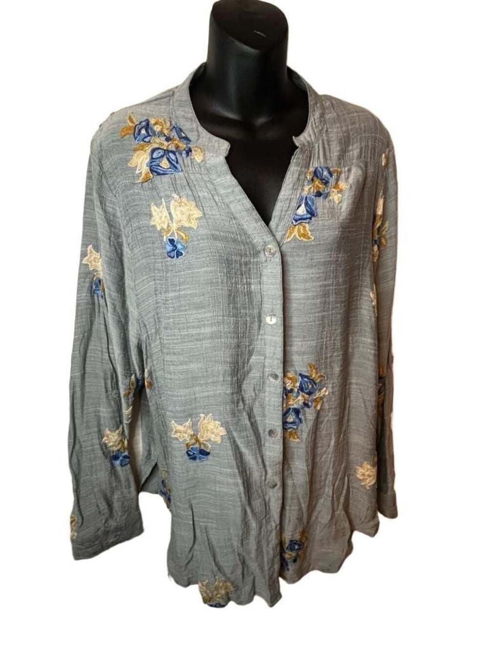 Figueroa & Flower Women's Embroidered Floral Button-Down Peasant Blouse Size XL